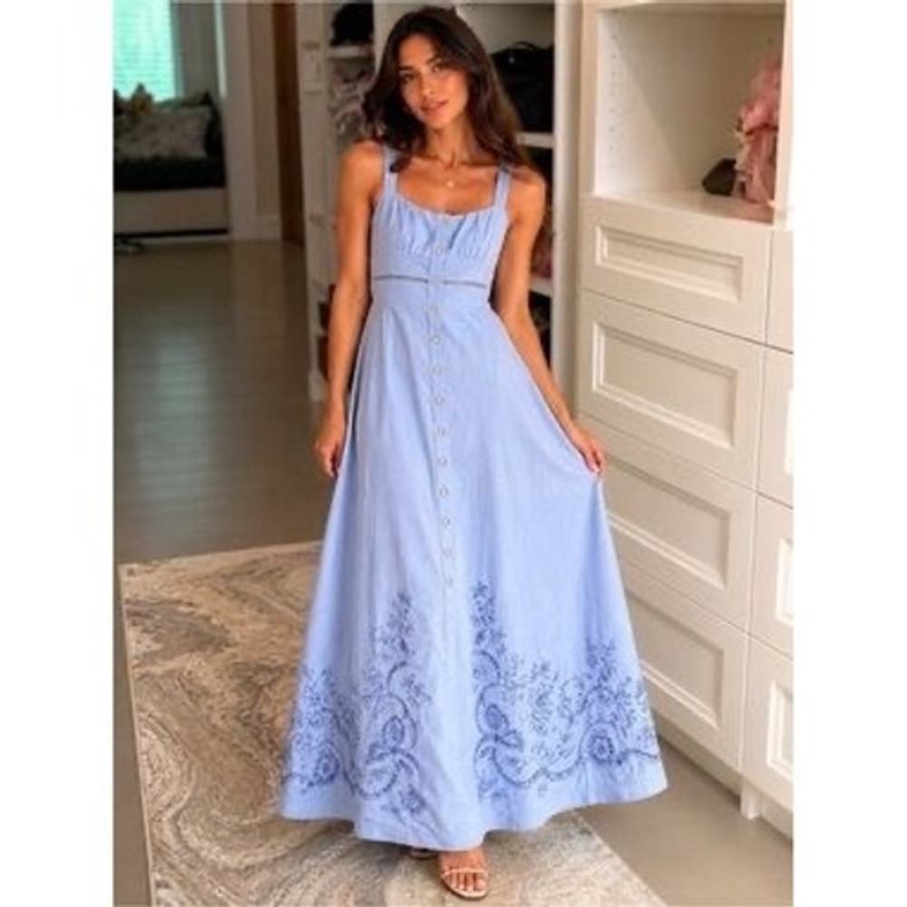 Moon River Blue Linen Blend Embroidered Eyelet Button Front Maxi Dress Large